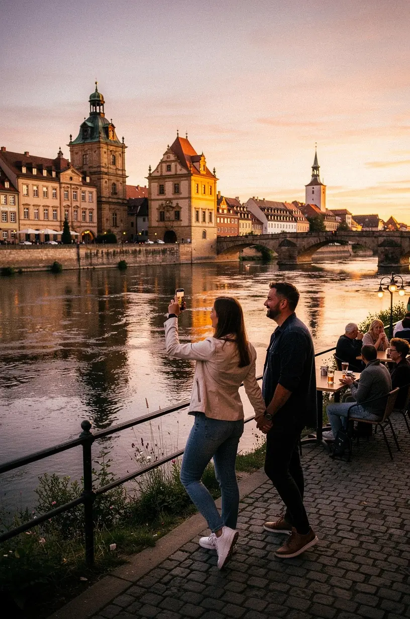 Gemütlicher Marktplatz mit regionalen Spezialitäten und handwerklichen Ständen in einer unbekannten Stadt.