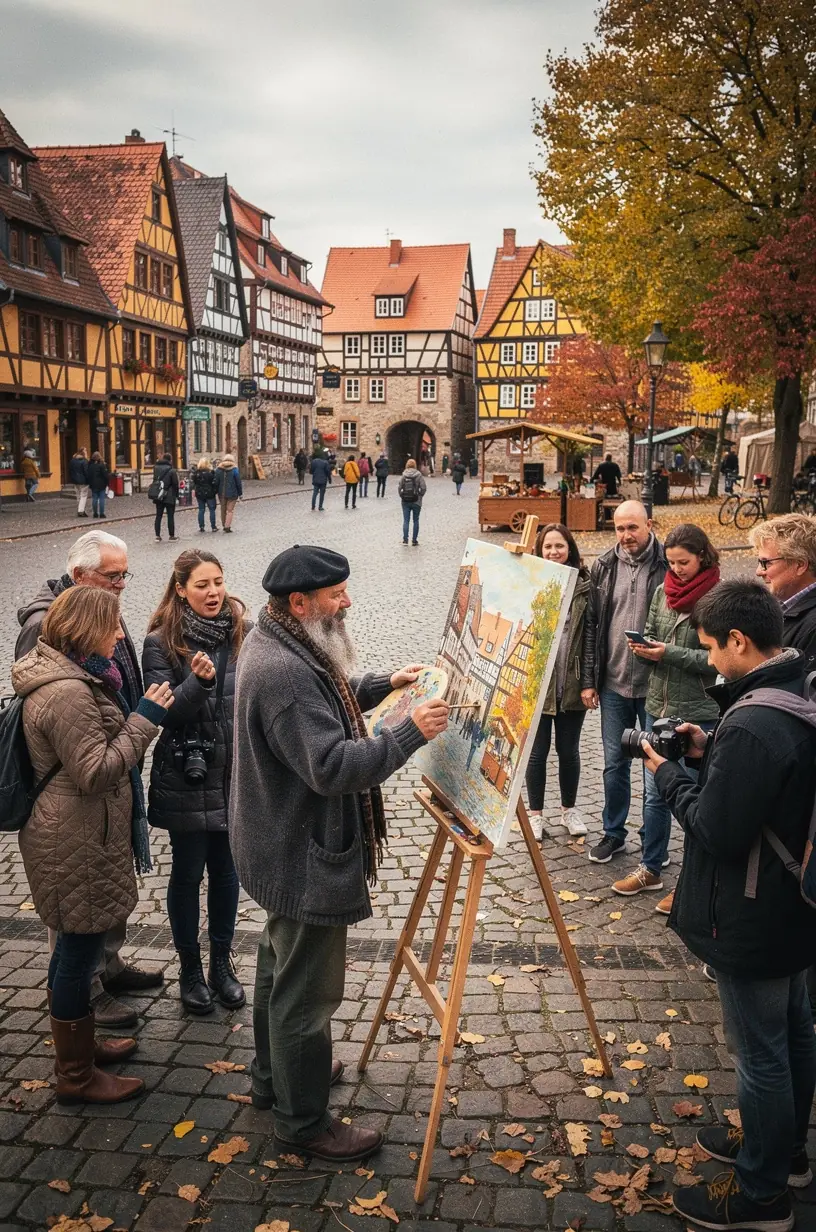 Schmale Kopfsteinpflasterstraße, die durch ein charmantes Dorf mit bunten Häusern führt.